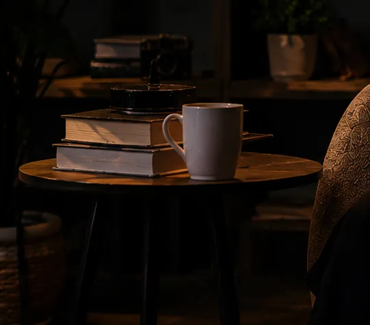 Mesa com livros empilhados e uma xícara de café