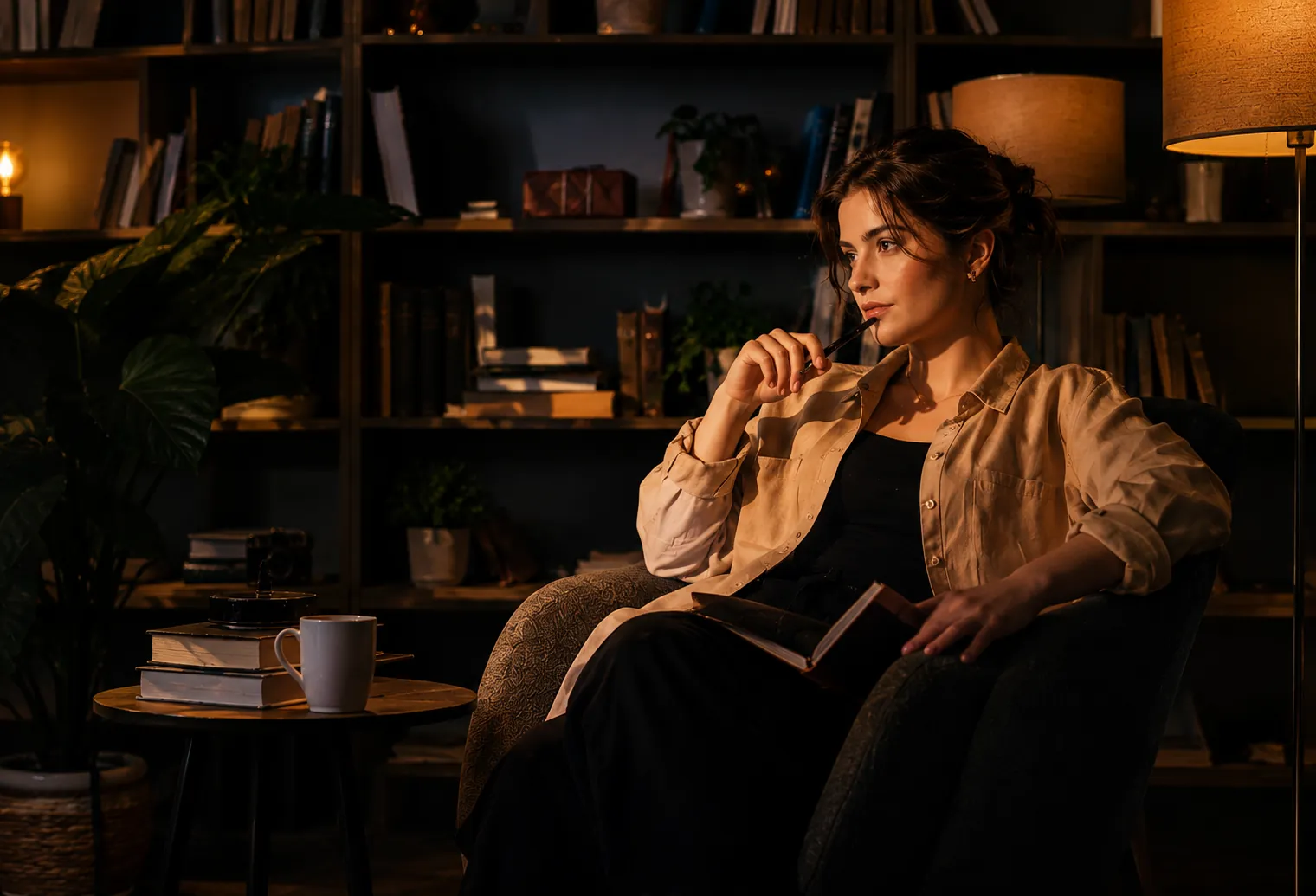 Mulher numa poltrona, com um caderno no colo, pensando à luz de um abajur